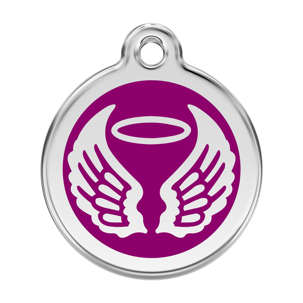 Stainless steel dog ID tag with purple enamel angel wings and flame icon