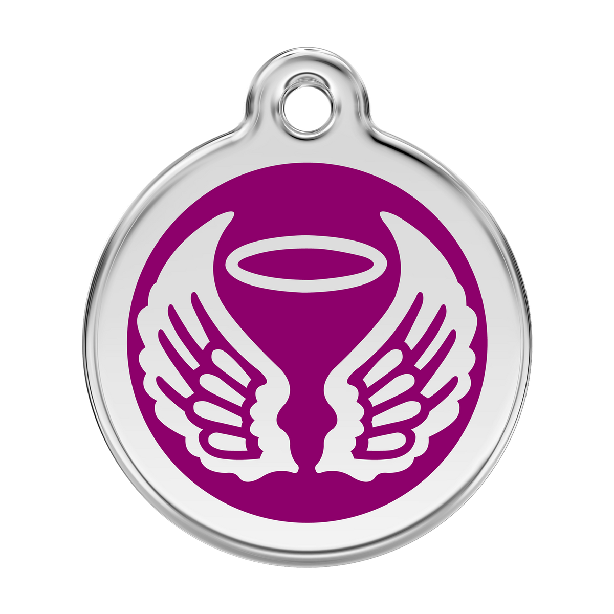 Stainless steel dog ID tag with purple enamel angel wings and flame icon
