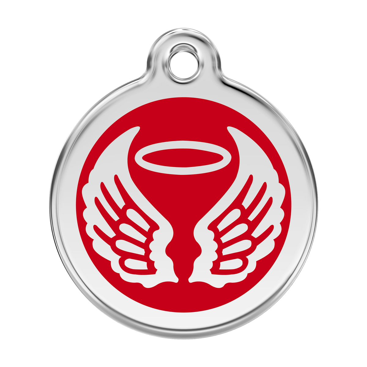 Stainless steel dog ID tag with red enamel angel wings and flame icon
