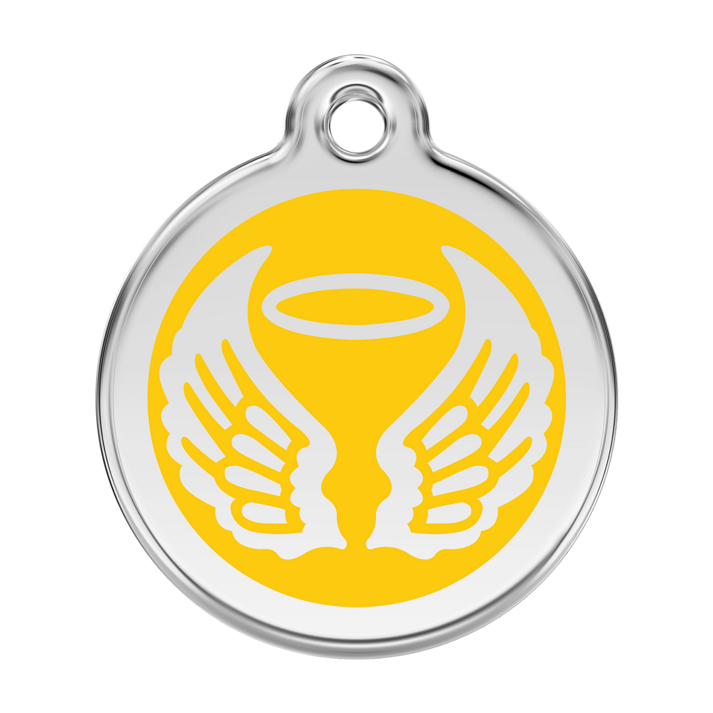 Stainless steel dog ID tag with yellow enamel angel wings and halo emblem