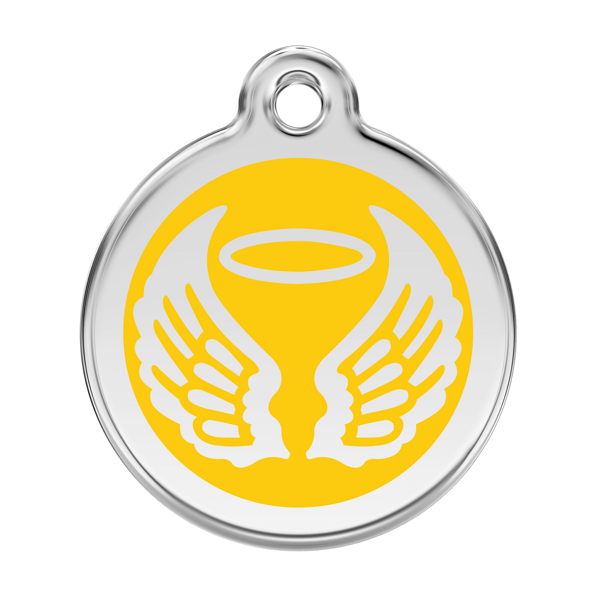 Stainless steel dog ID tag with yellow enamel angel wings and halo emblem