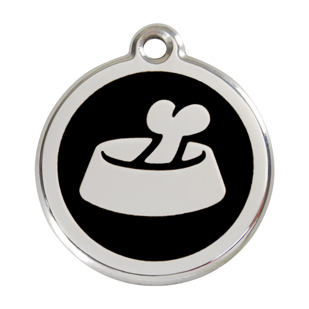 Stainless steel dog ID tag with black enamel circle and bone-in-bowl icon