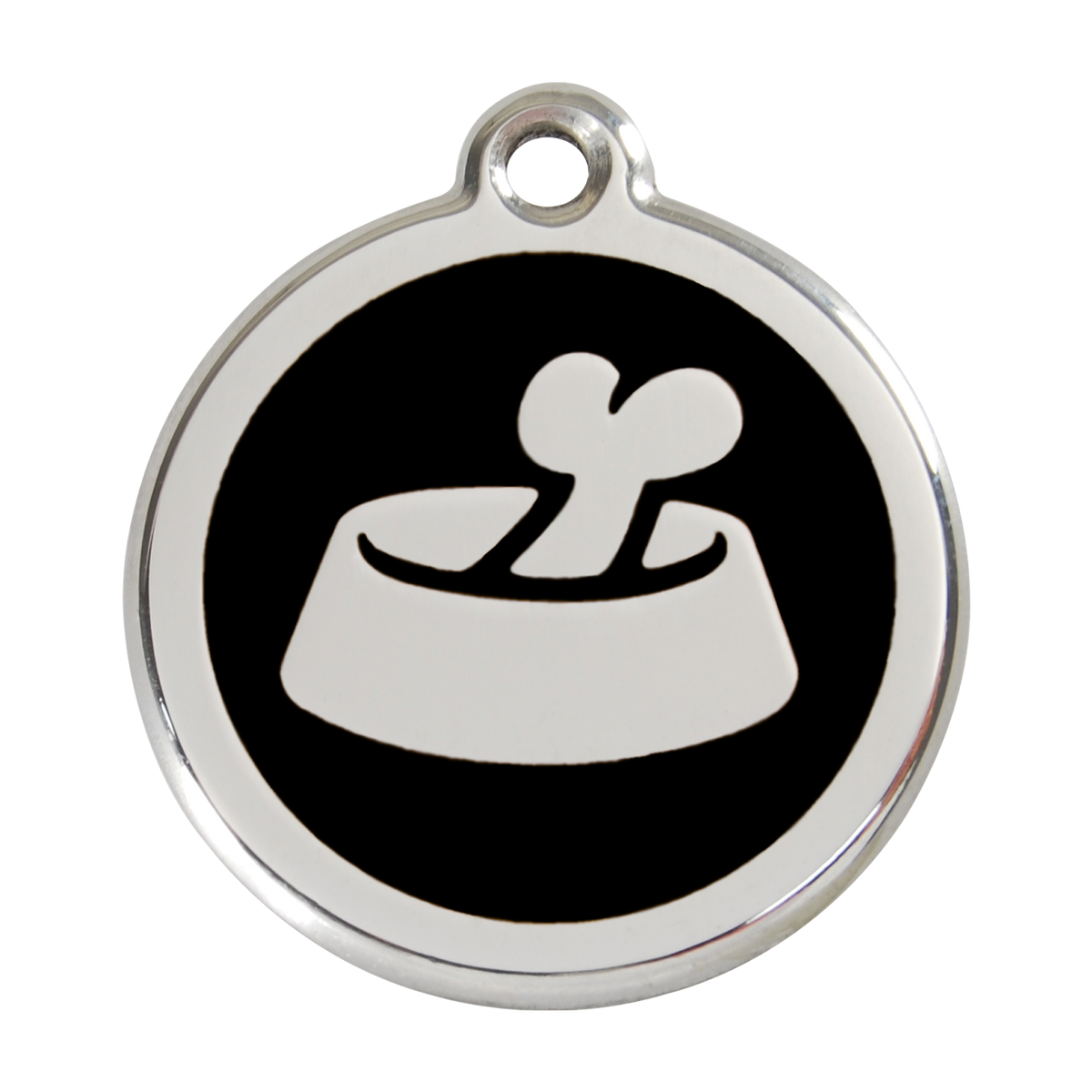 Stainless steel dog ID tag with black enamel circle and bone-in-bowl icon