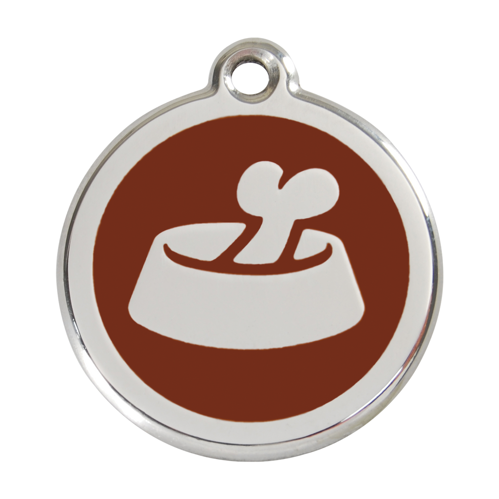 Stainless steel dog ID tag with brown enamel circle and bone-in-bowl icon