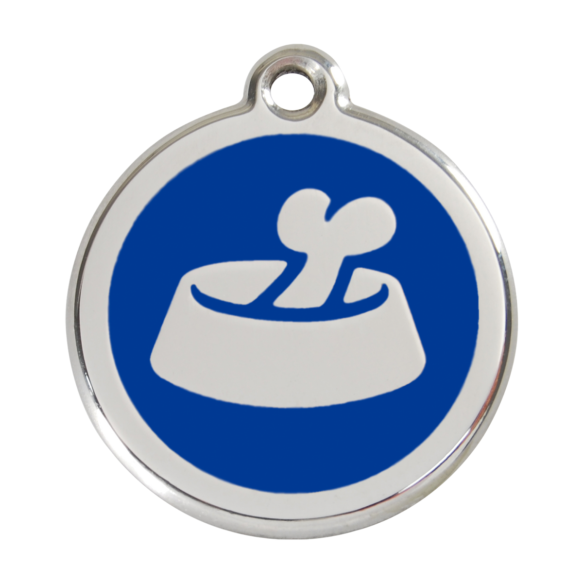 Stainless steel dog ID tag with blue enamel circle and bone-in-bowl icon