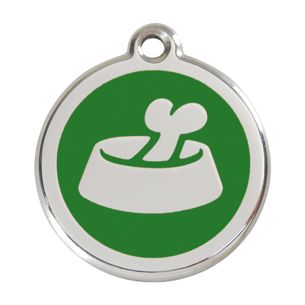 Stainless steel dog ID tag with green enamel circle and bone-in-bowl icon