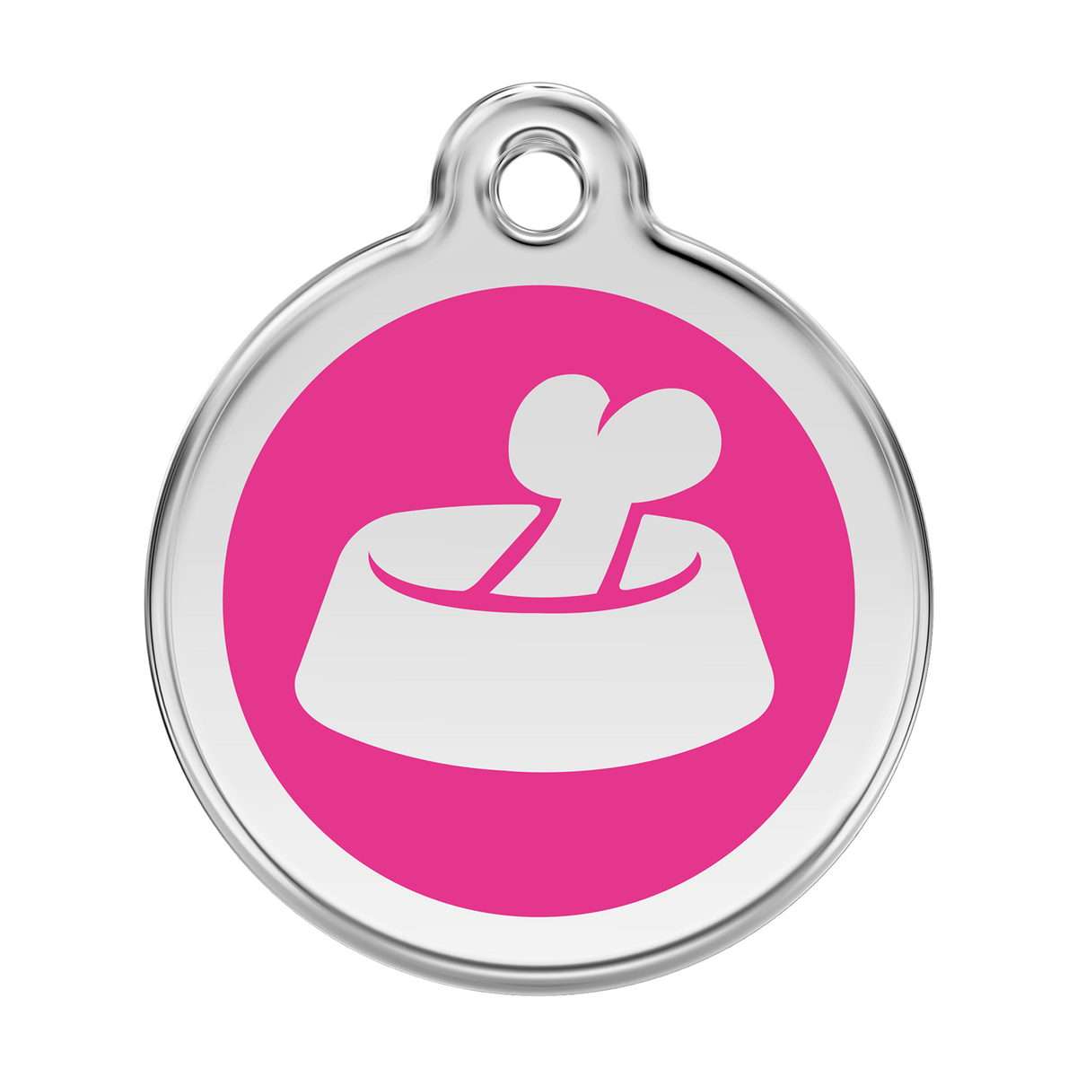 Stainless steel dog ID tag with pink enamel circle and bone-in-bowl icon