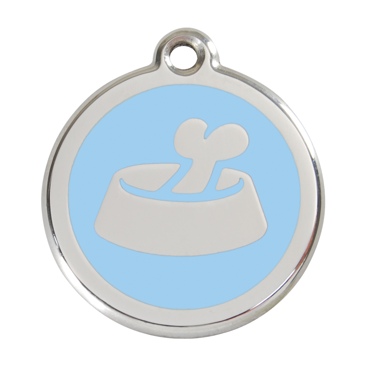 Stainless steel dog ID tag with light blue enamel circle and bone-in-bowl icon