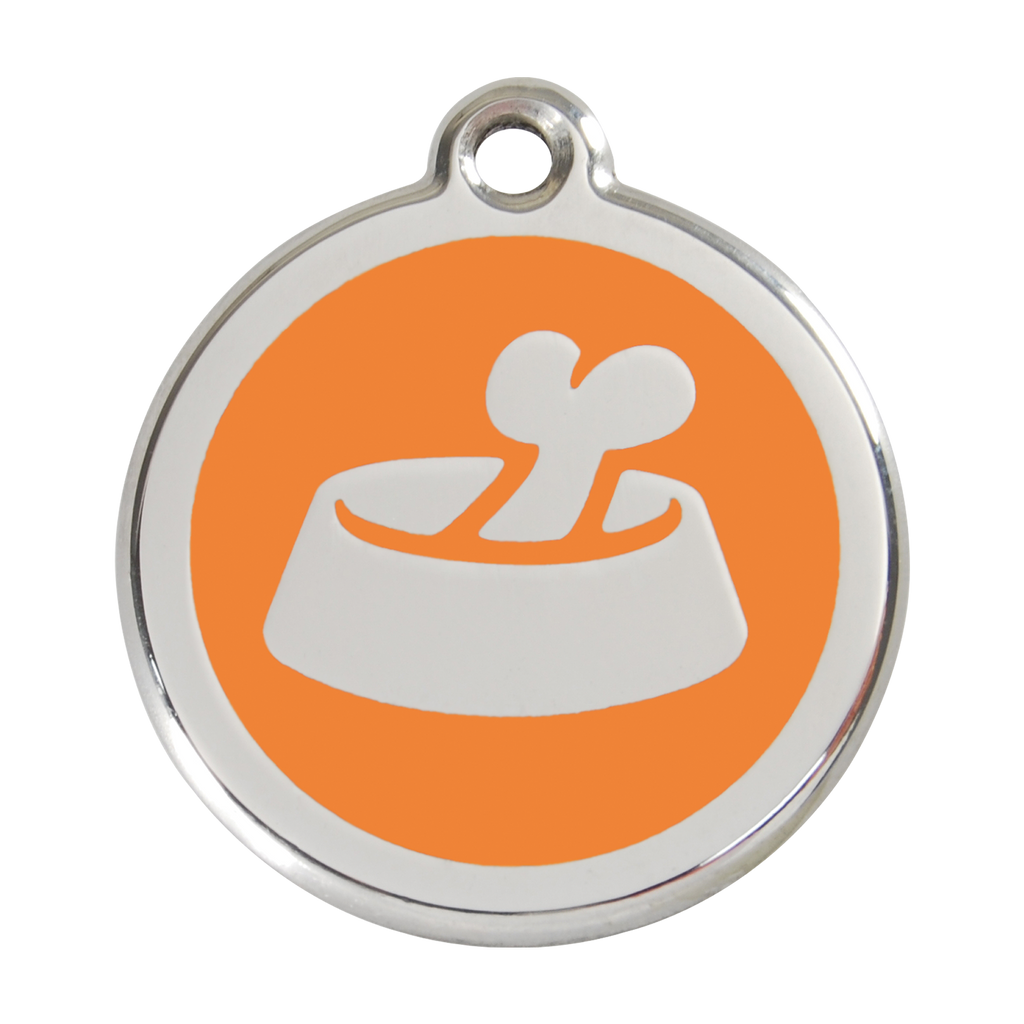 Stainless steel dog ID tag with orange enamel circle and bone-in-bowl icon