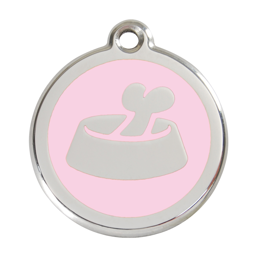 Stainless steel dog ID tag with light pink enamel circle and bone-in-bowl icon