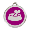 Stainless steel dog ID tag with purple enamel circle and bone-in-bowl icon