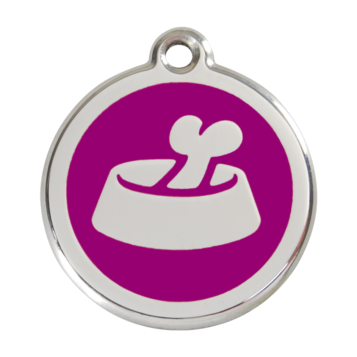 Stainless steel dog ID tag with purple enamel circle and bone-in-bowl icon