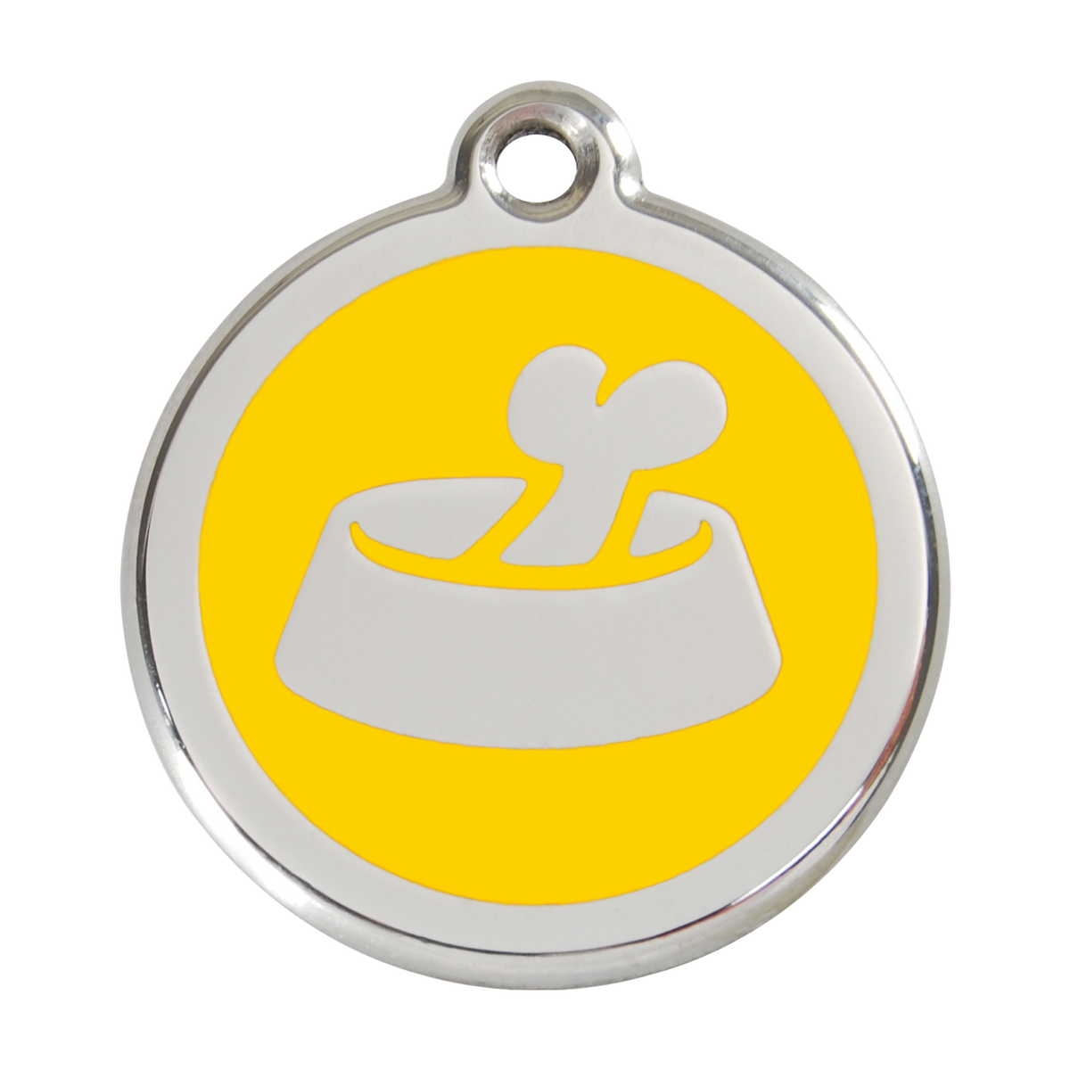 Stainless steel dog ID tag with yellow enamel center and bowl bone icon