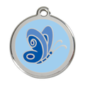 Stainless steel dog ID tag with blue butterfly enamel in light blue circle