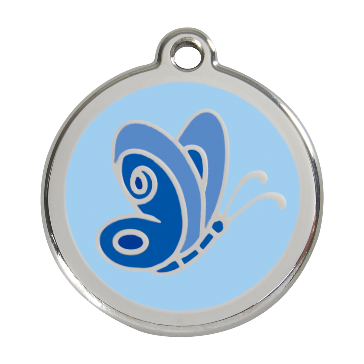 Stainless steel dog ID tag with blue butterfly enamel in light blue circle