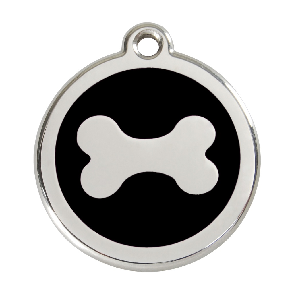Stainless steel enamel dog ID tag with black background and white bone icon