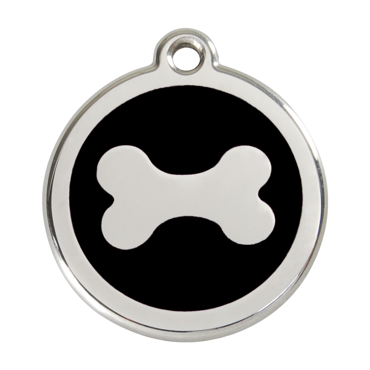 Stainless steel enamel dog ID tag with black background and white bone icon