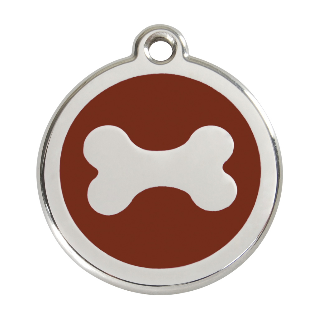 Stainless steel enamel dog ID tag with brown background and white bone icon