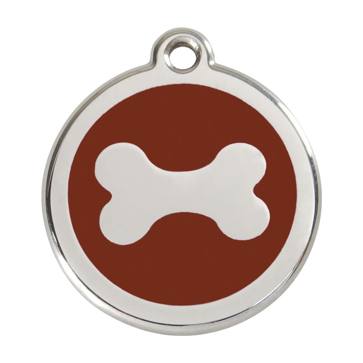 Stainless steel enamel dog ID tag with brown background and white bone icon
