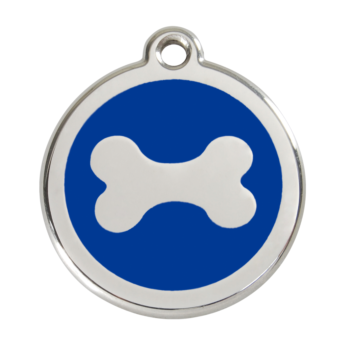 Stainless steel enamel dog ID tag with dark blue background and white bone icon