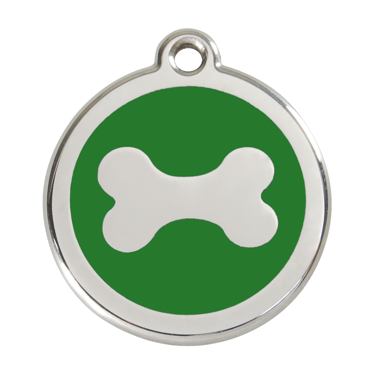 Stainless steel enamel dog ID tag with green background and white bone icon