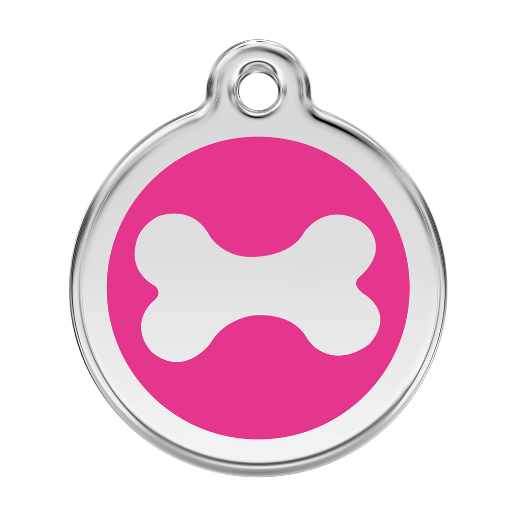 Stainless steel enamel dog ID tag with bright pink background and white bone icon