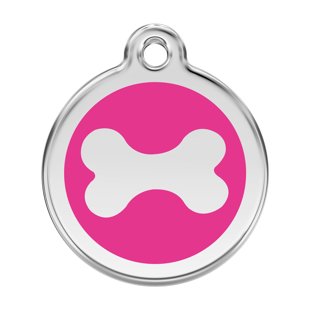 Stainless steel enamel dog ID tag with bright pink background and white bone icon