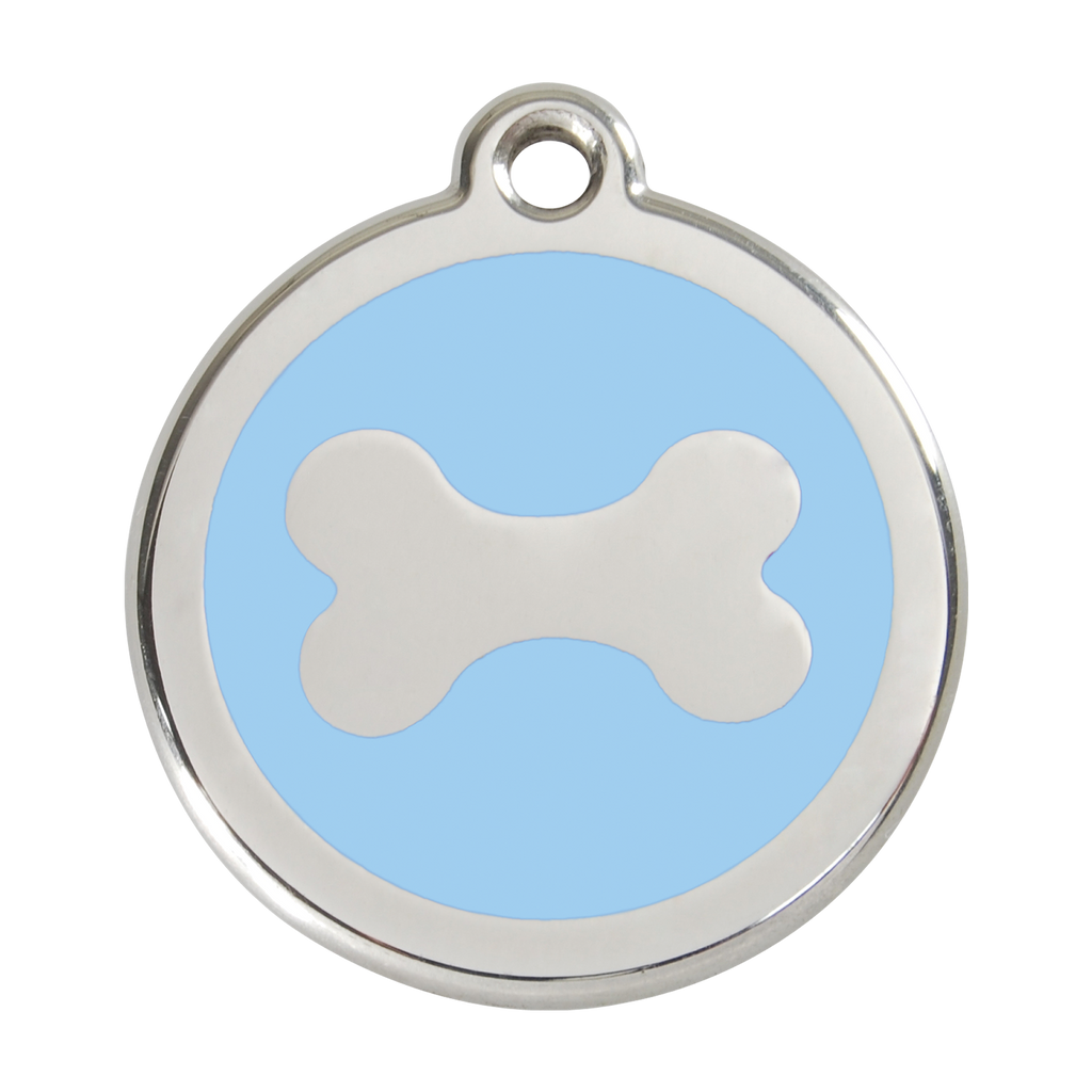 Stainless steel enamel dog ID tag with light blue background and white bone icon