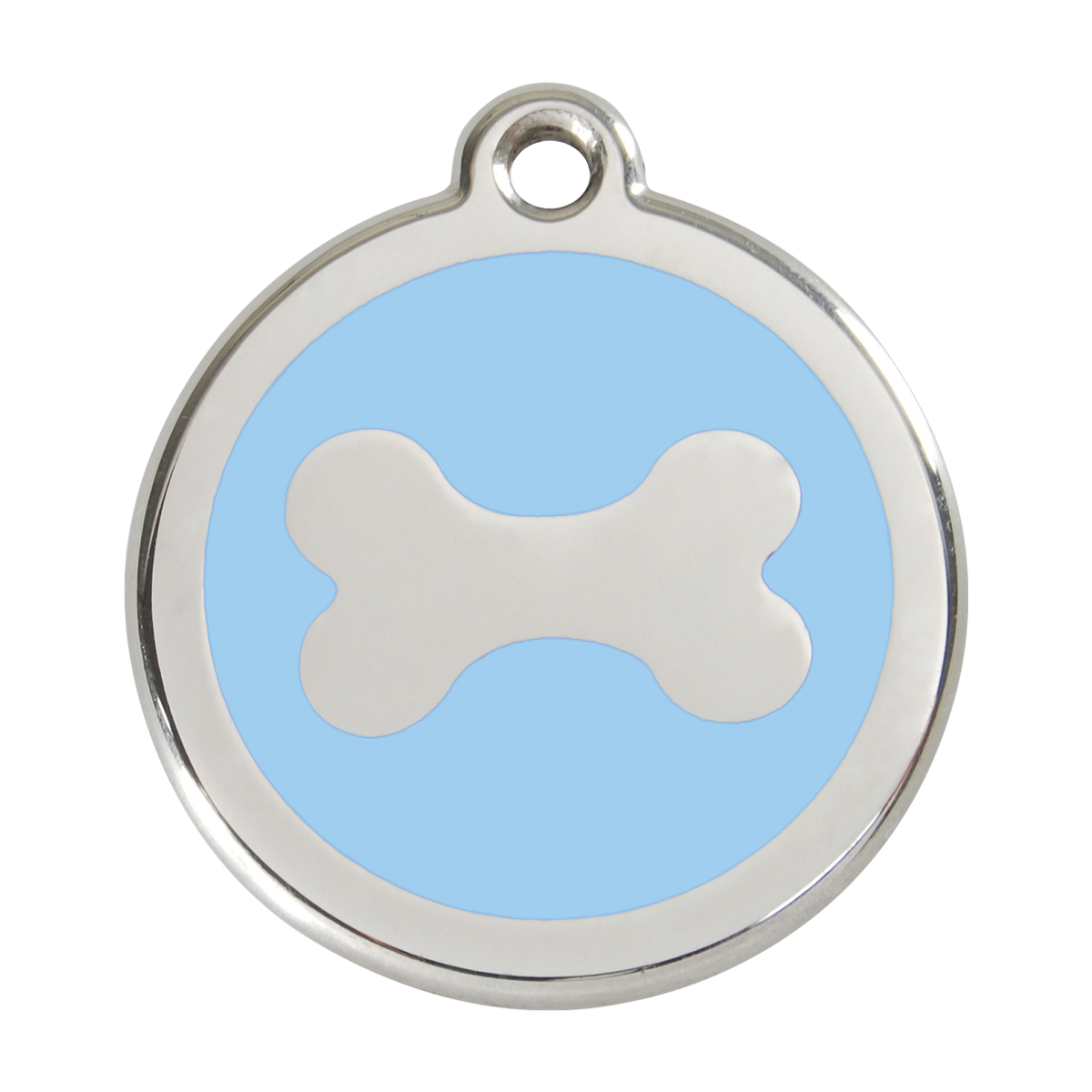 Stainless steel enamel dog ID tag with light blue background and white bone icon