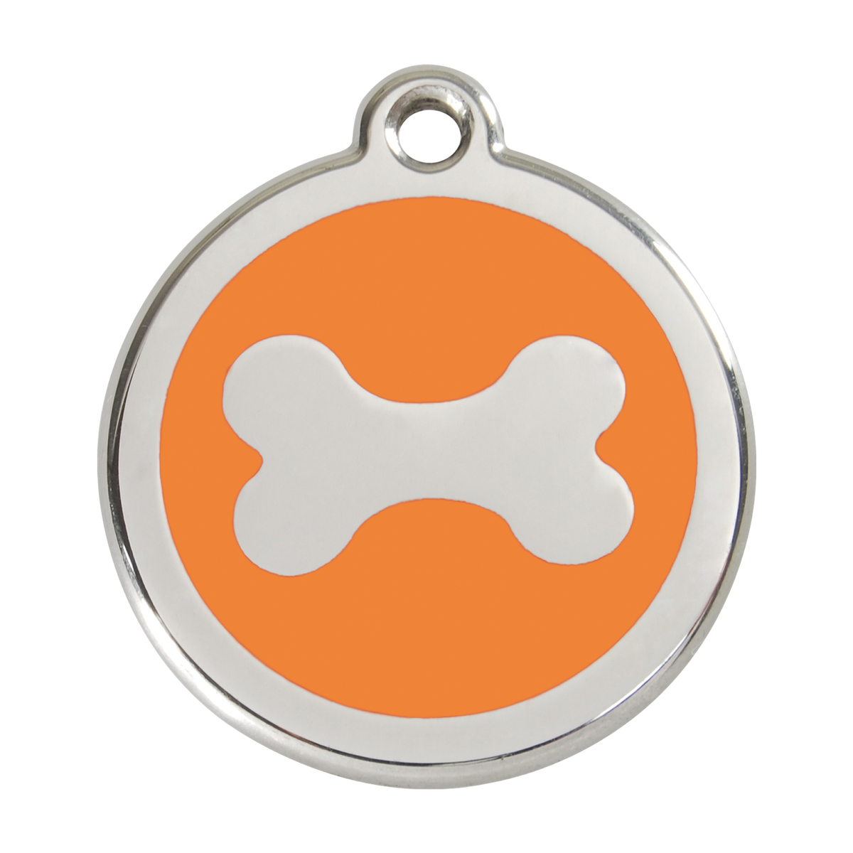 Stainless steel enamel dog ID tag with orange background and white bone icon