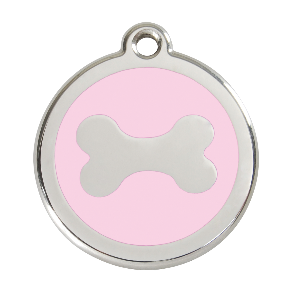 Stainless steel enamel dog ID tag with light pink background and white bone icon