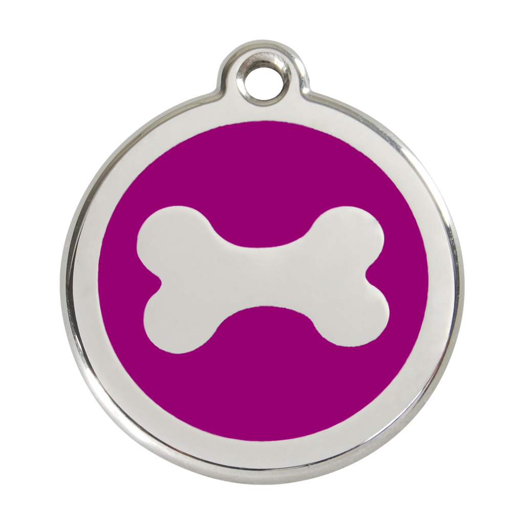 Stainless steel enamel dog ID tag with purple background and white bone icon