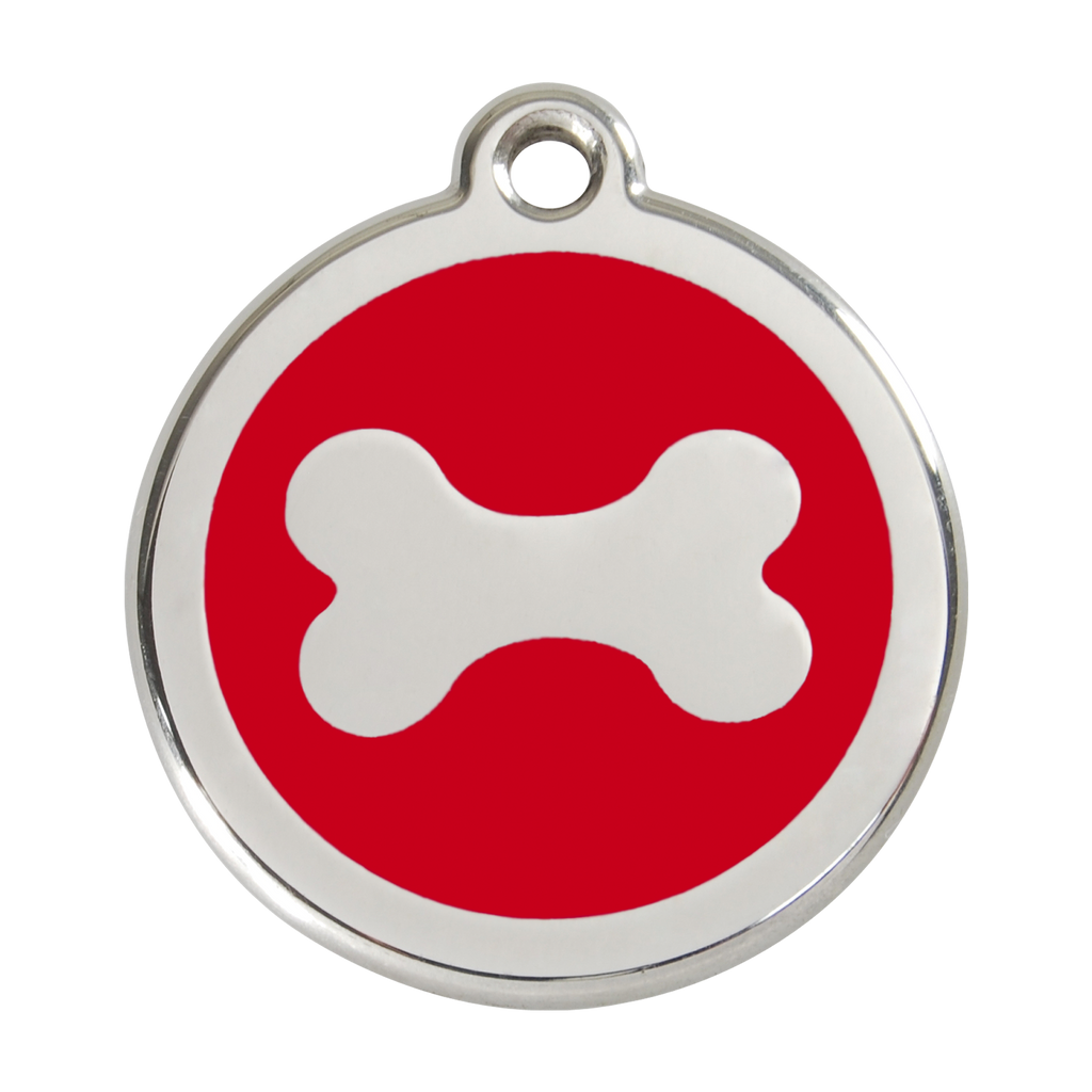 Stainless steel enamel dog ID tag with red background and white bone icon