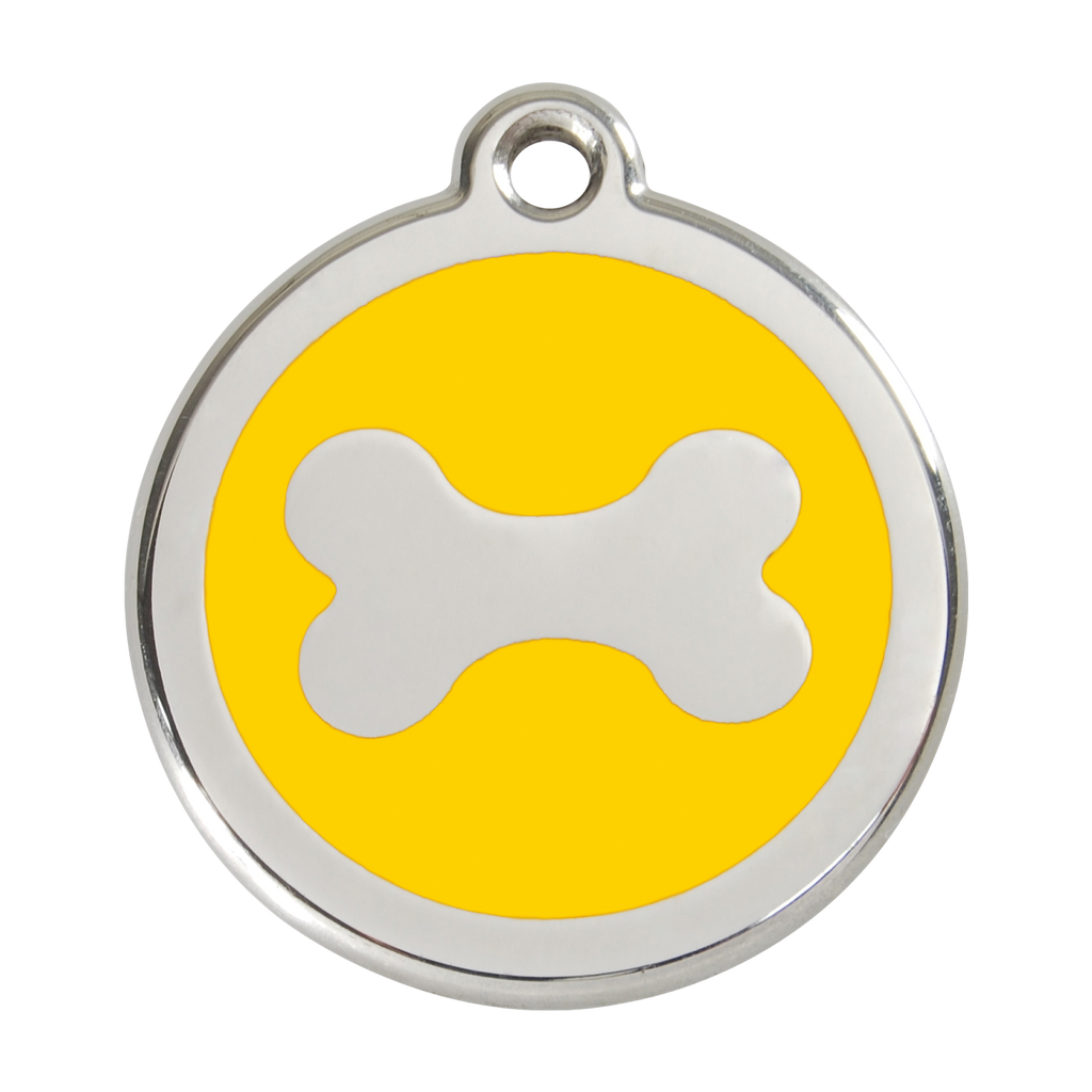Round stainless steel dog ID tag with yellow enamel and white bone icon