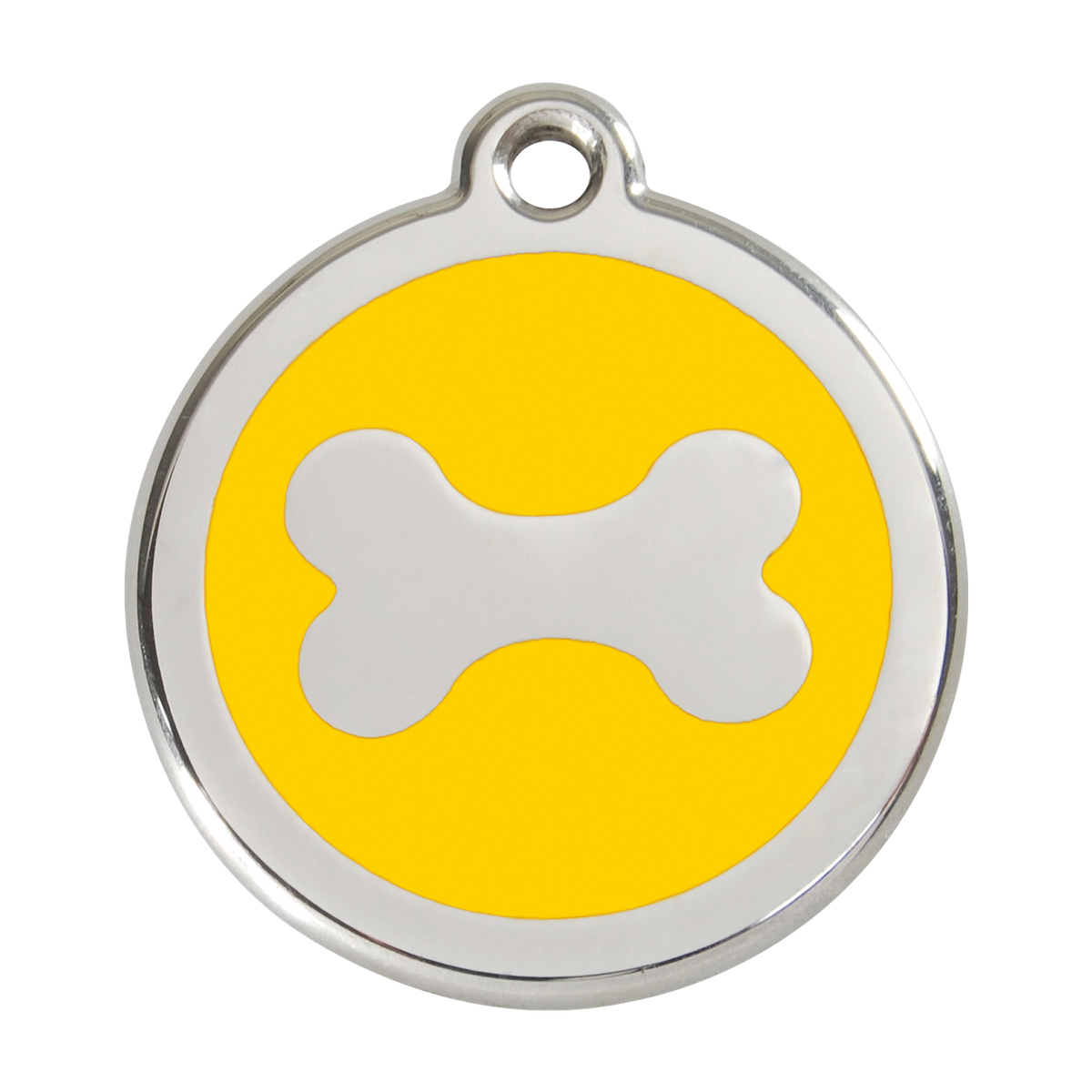 Round stainless steel dog ID tag with yellow enamel and white bone icon