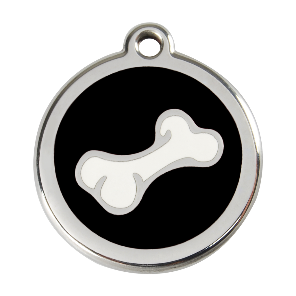 Stainless steel dog ID tag with black enamel and white bone dog icon