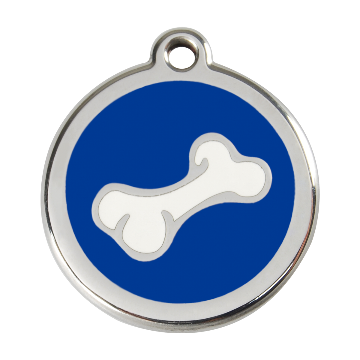 Stainless steel dog ID tag with blue enamel and white bone dog icon