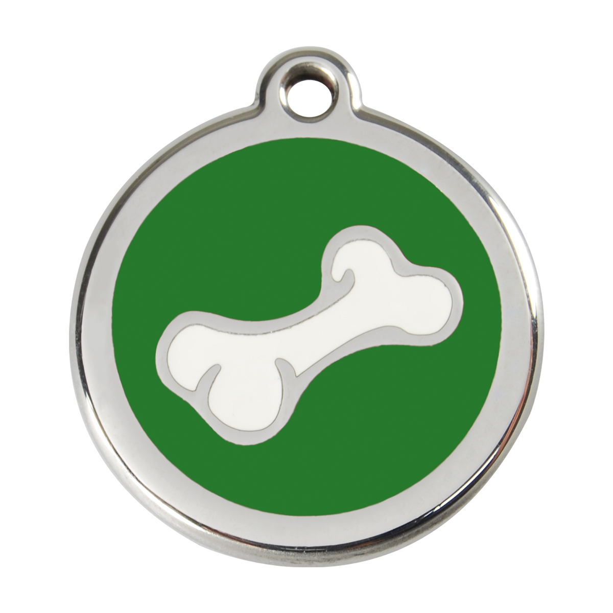 Stainless steel dog ID tag with green enamel and white bone dog icon