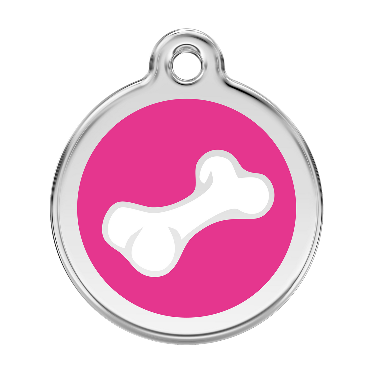 Stainless steel dog ID tag with pink enamel and white bone dog icon