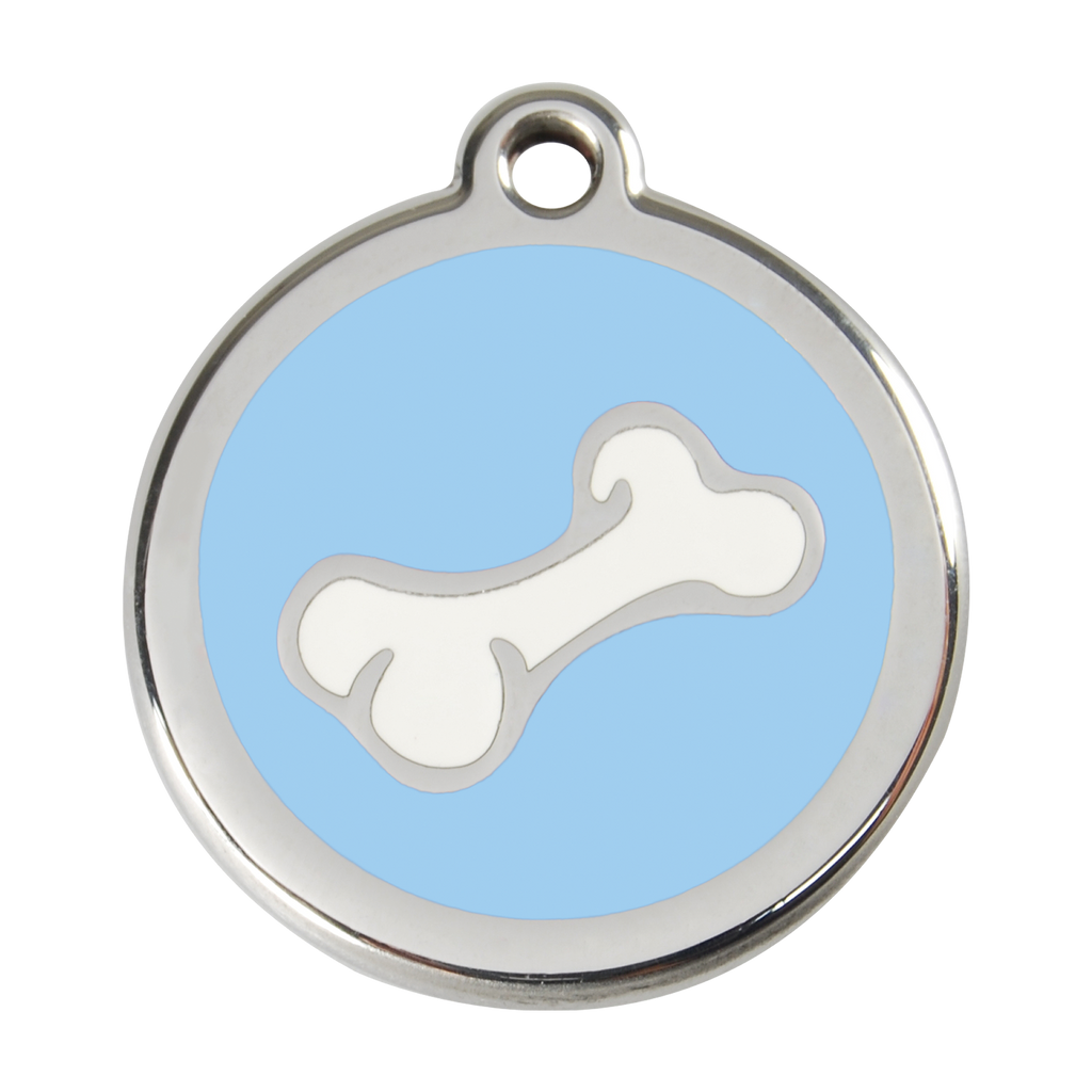 Stainless steel dog ID tag with light blue enamel and white bone dog icon