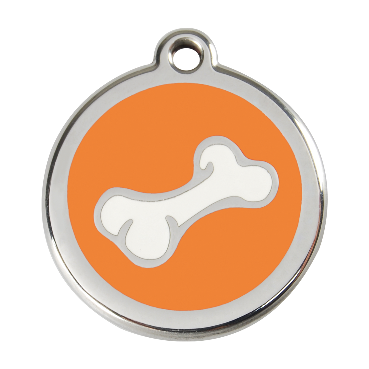 Stainless steel dog ID tag with orange enamel and white bone dog icon