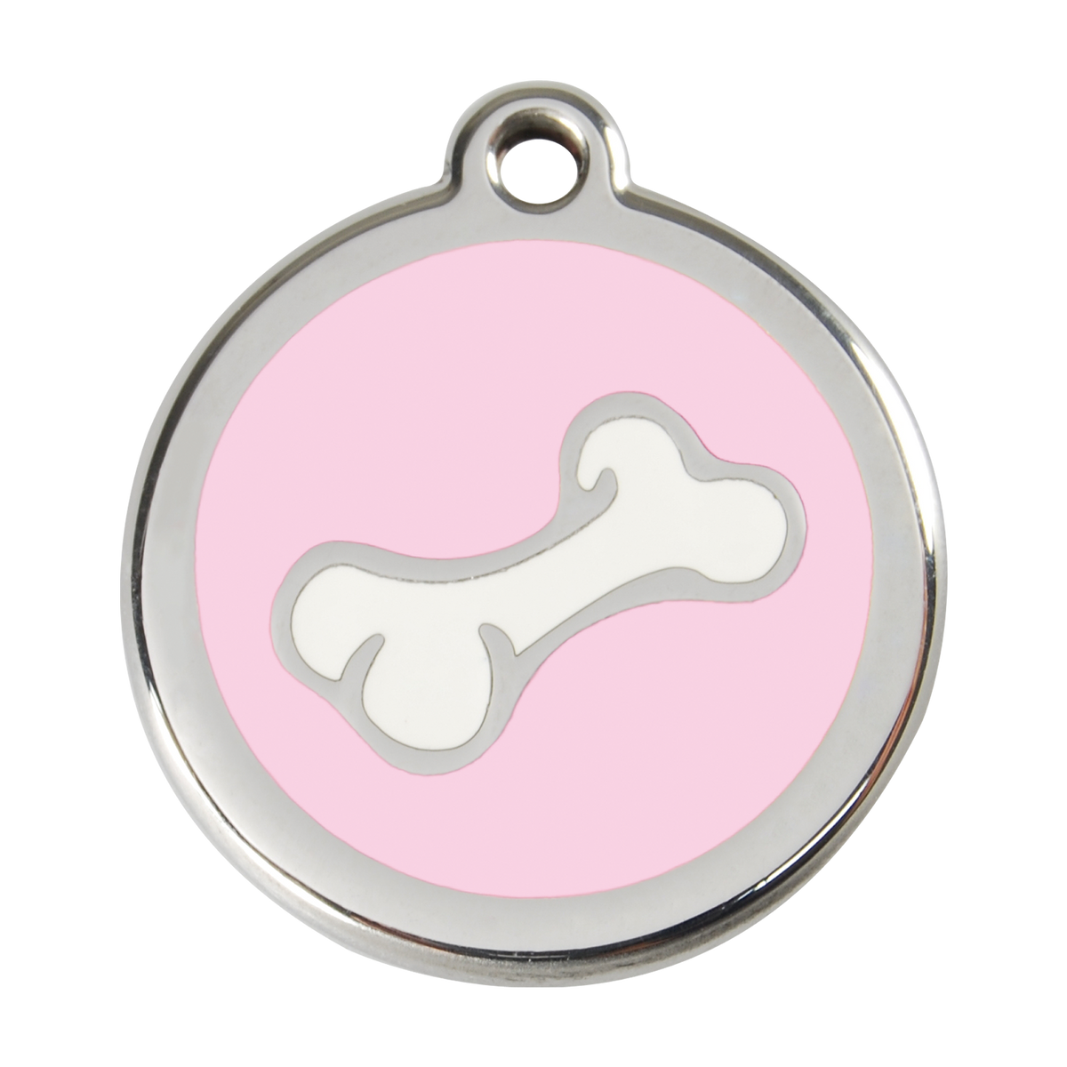 Stainless steel dog ID tag with light pink enamel and white bone dog icon
