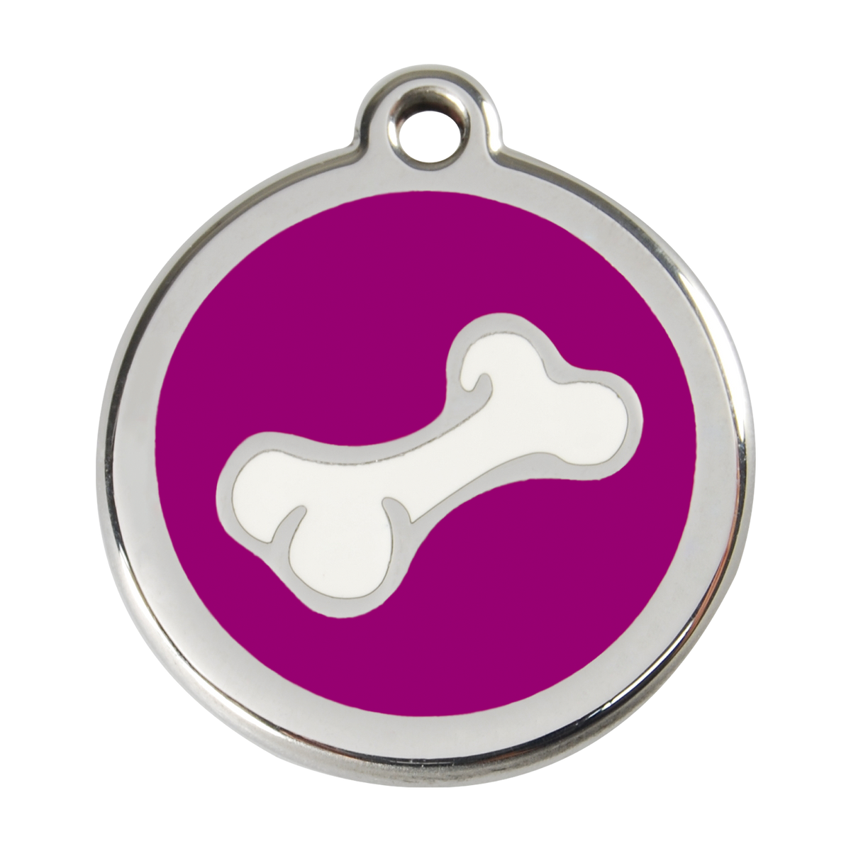 Red Dingo stainless steel enamel dog ID tag with 3D bone, purple background
