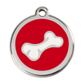 Stainless steel dog ID tag with red enamel and white bone dog icon