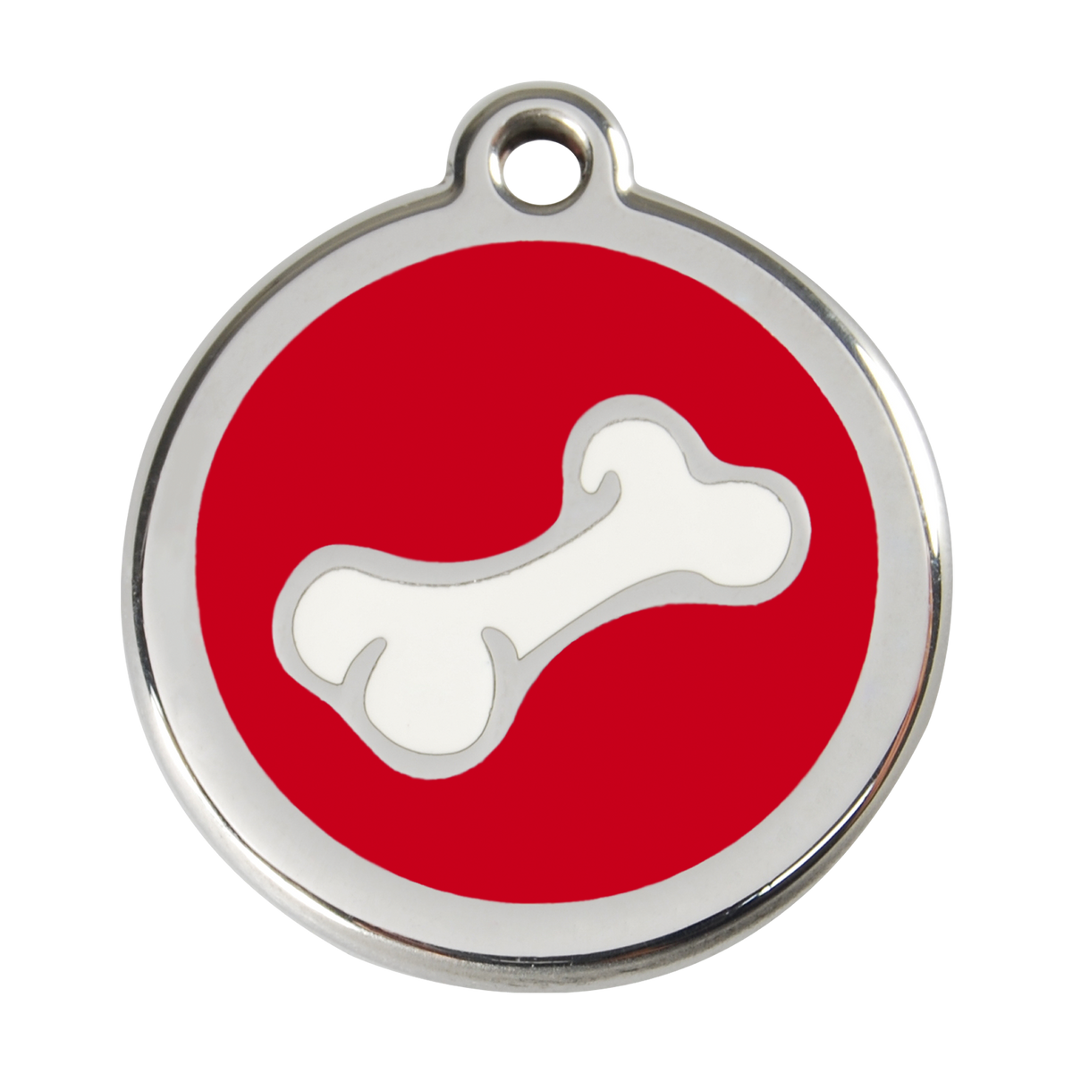 Stainless steel dog ID tag with red enamel and white bone dog icon