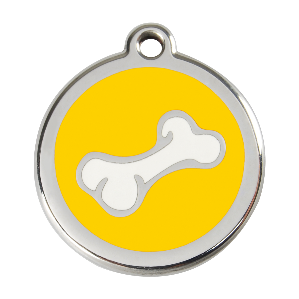 Stainless steel dog ID tag with yellow enamel and white bone dog icon