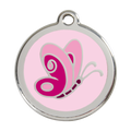 Stainless steel and enamel dog ID tag with pink butterfly artwork