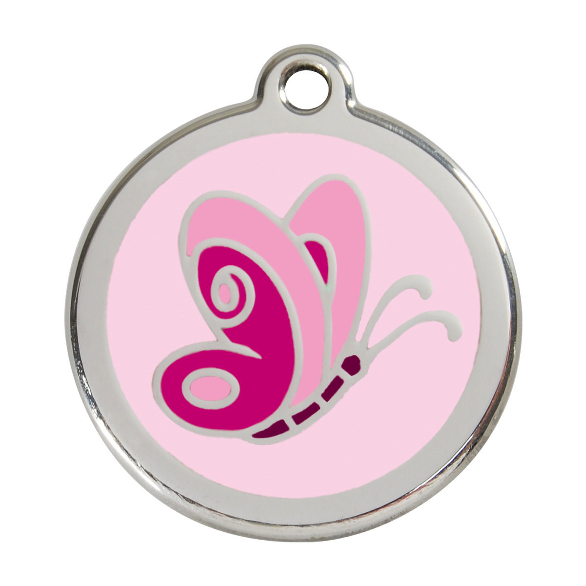 Stainless steel and enamel dog ID tag with pink butterfly artwork