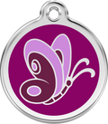 Stainless steel dog ID tag with purple enamel butterfly design and round metal ring