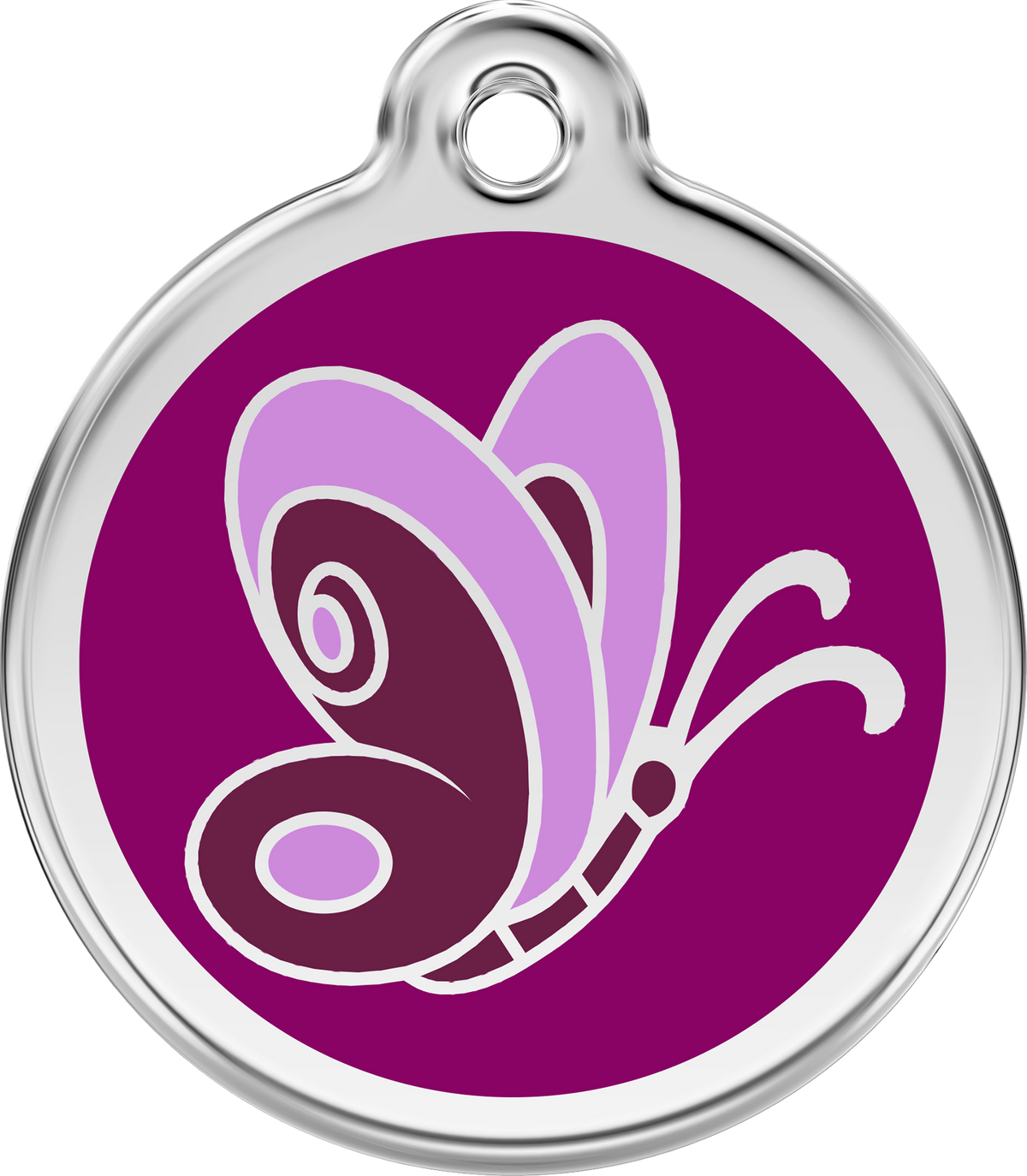Stainless steel dog ID tag with purple enamel butterfly design and round metal ring